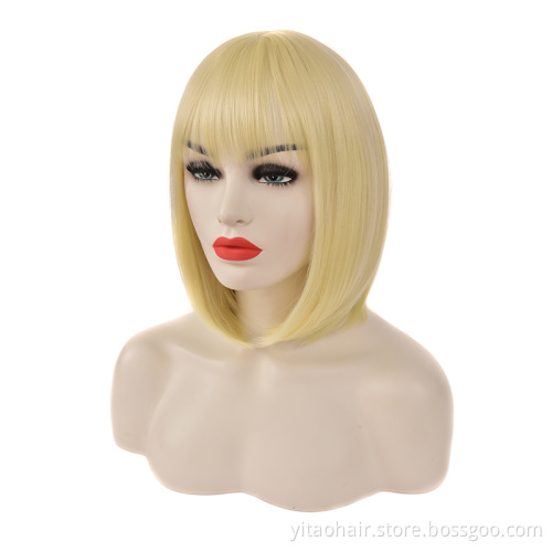 Women High Quality Short Straight Synthetic Bobo Head Wig golden